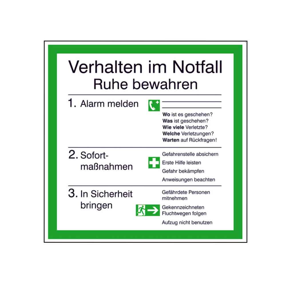 Aushang - Verhalten im Notfall - in Folie und Hart-PVC