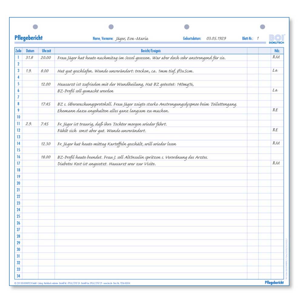 Formular "Pflegebericht" - Zubehör für Dokumentationsmappen