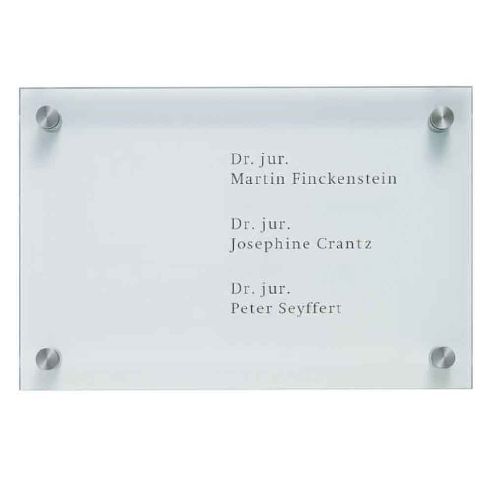 CRISTALLO Firmenschild/Wegweiser - rahmenloses Glasschild aus 1 x 8 mm Sicherheitsglas - mit Edelstahlhalter - in 3 Größen