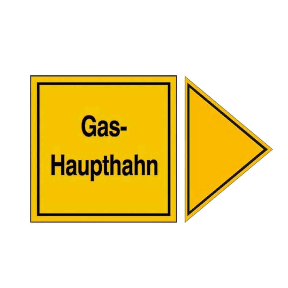 Hinweisschild für Gasanlagen - Gas-Haupthahn mit Richtungspfeil