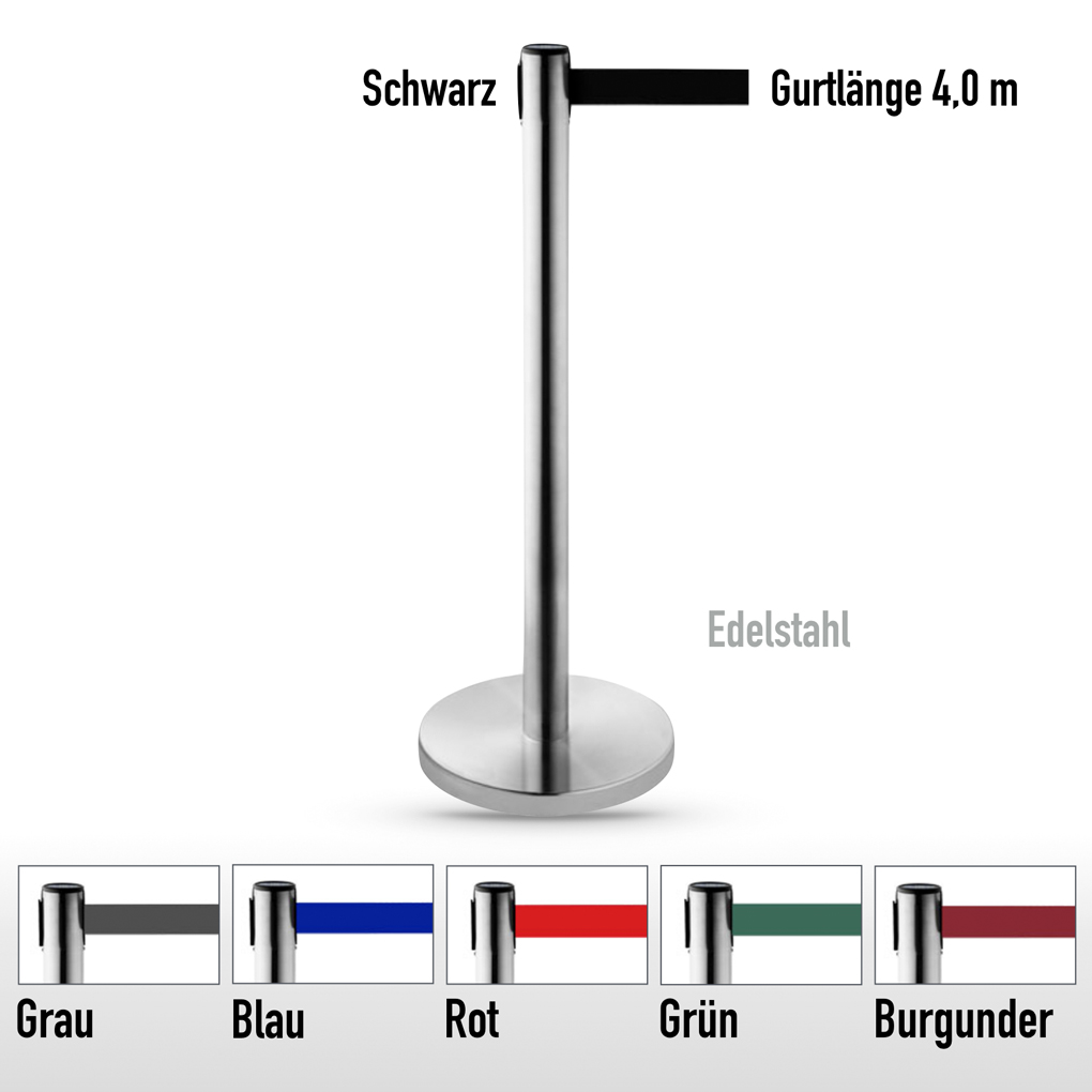 Edelstahl-Gurtpfosten - ausziehbares Gurtband - 2 Längen - 6 Gurtfarben