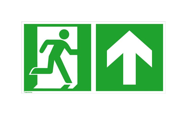 Fluchtwegschild - langnachleuchtend - Notausgang rechts mit Zusatzzeichen: Richtungsangabe aufwärts bzw. geradeaus