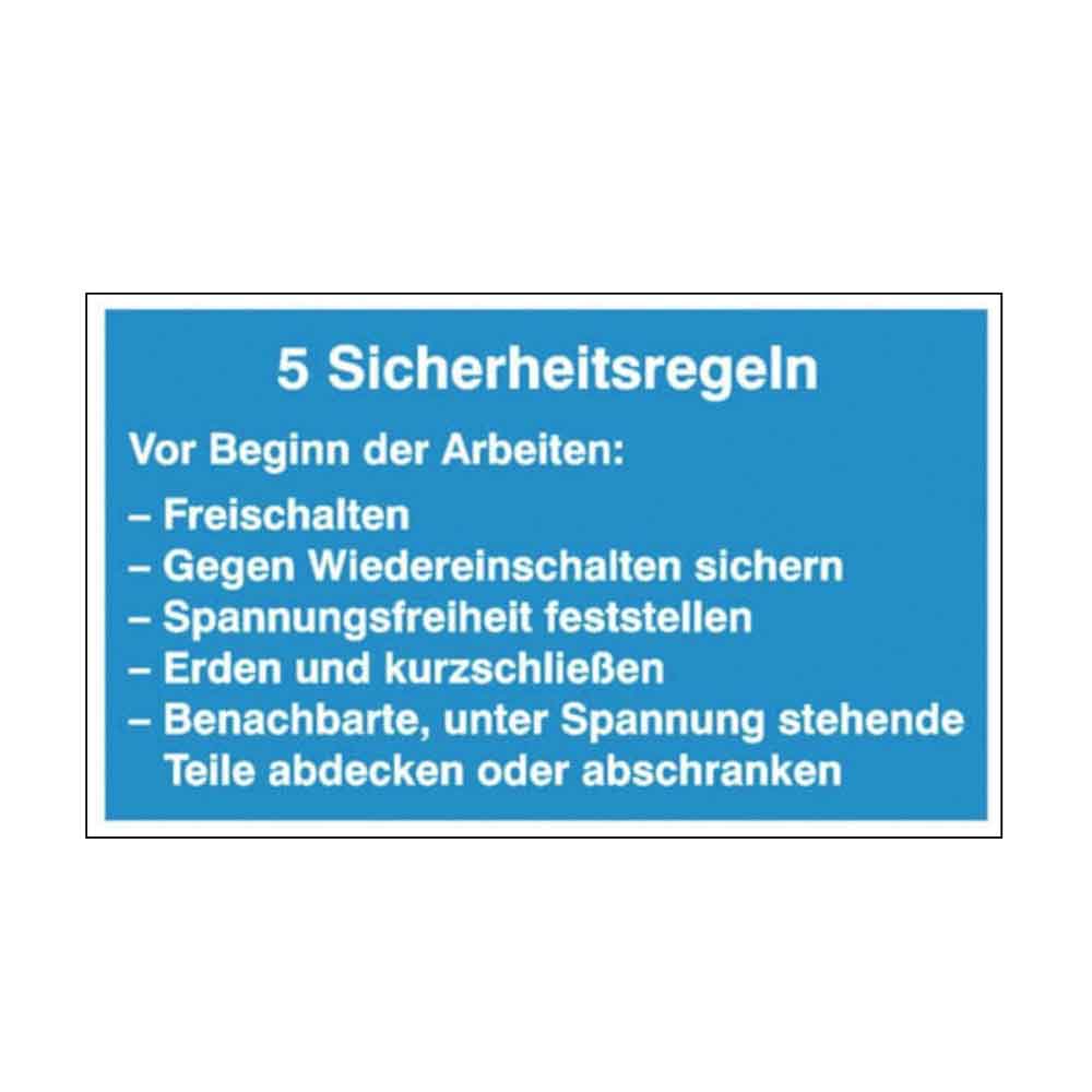 Hinweisschild - Elektrotechnik - 5 Sicherheitsregeln - Folie in 2 Ausführungen