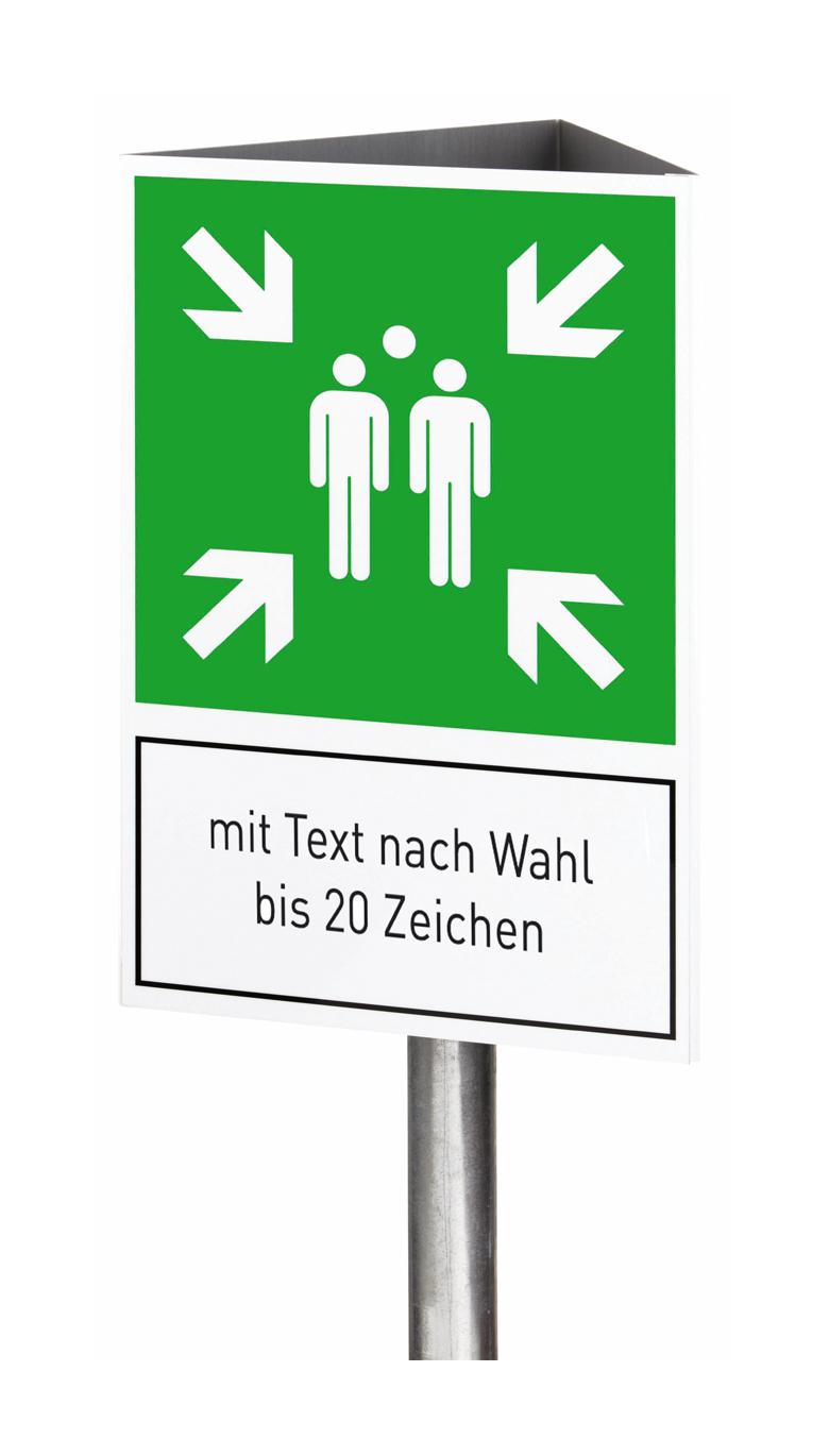 Fluchtwegschild-Dreieckskonstruktion - Sammelstelle - max. 20 Zeichen Text nach Wahl