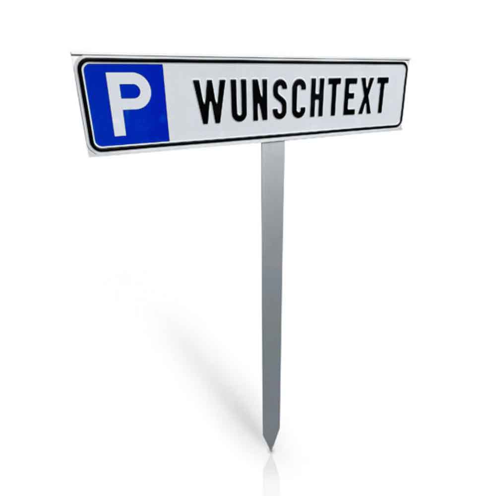 Parkplatzschild mit Einschlagpfosten - Symbol P - mit Text bis 20 Zeichen